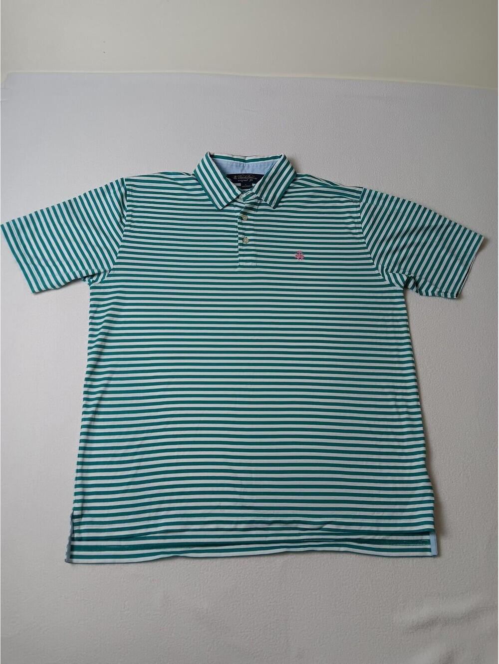 Brooks Brothers Mens Green White Striped Polo Shirt Size L Original Fit Cotton